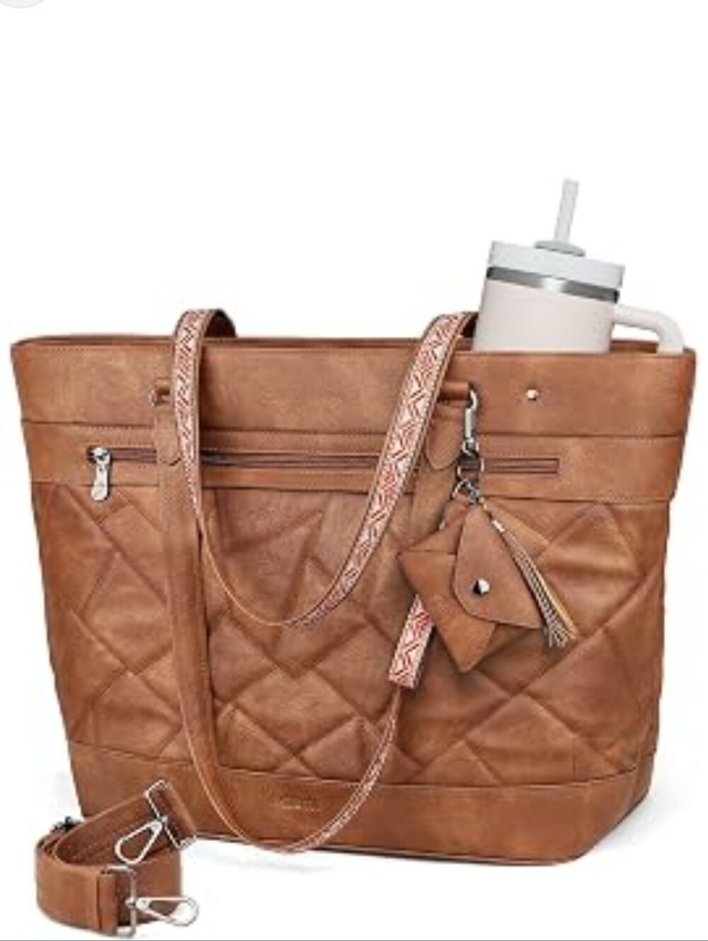 Fadeon Brown Quilted Soft Faux Leather Extra Large Laptop Tote With Strap.